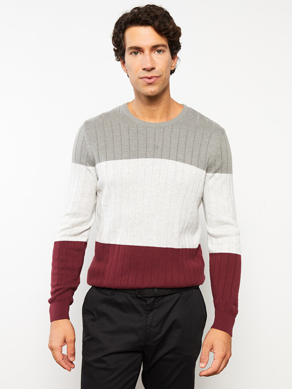Crew Neck Long Sleeve Color Block Men's Knitwear Sweater -W26179Z8-HMB ...