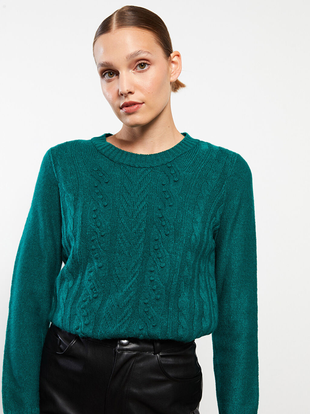 Pulover Tricotat AutoModelat, Cu Decolteu Rotund Şi Cu Mânecă Lungă