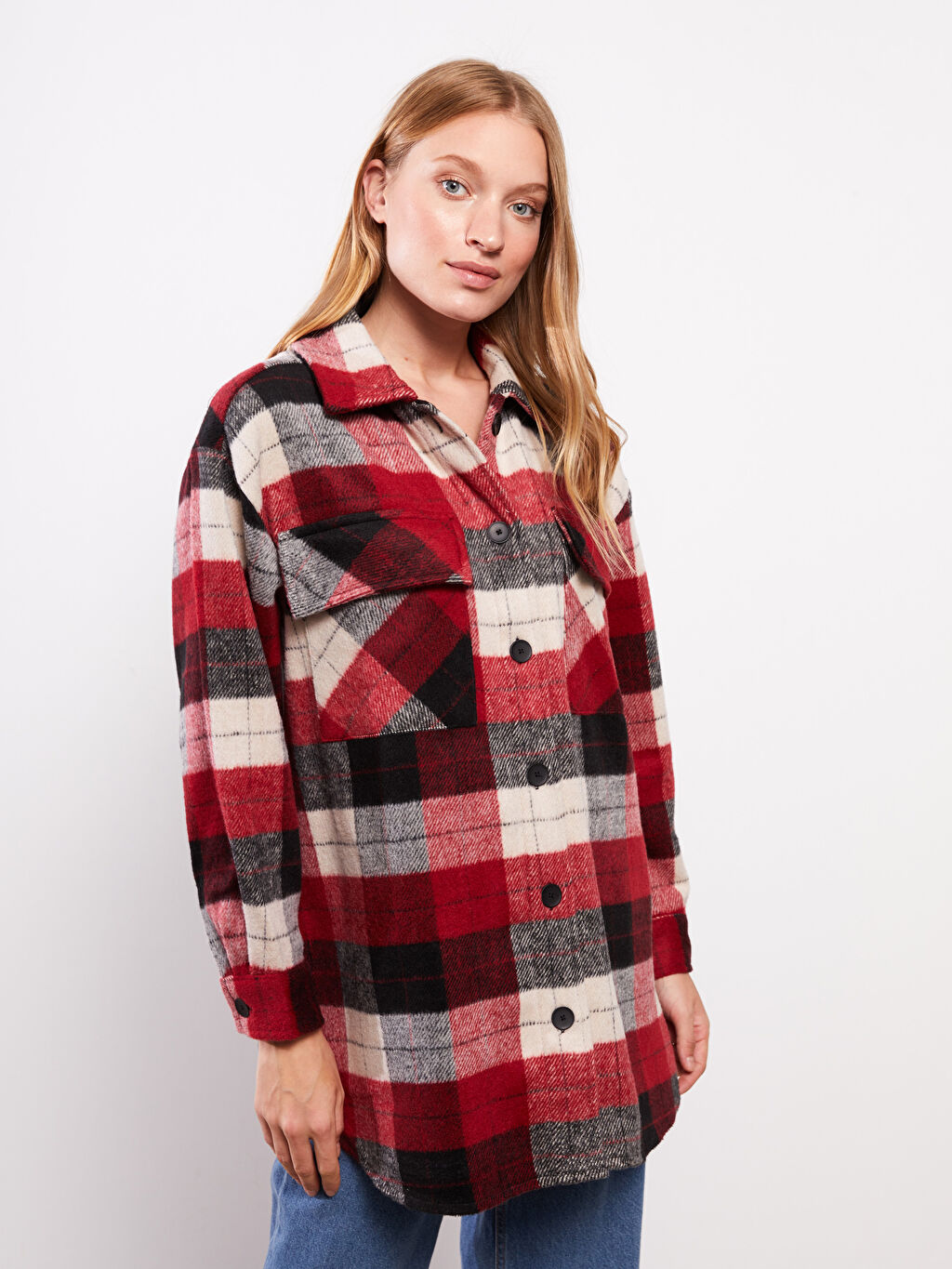 Plaid long sleeve jacket clearance