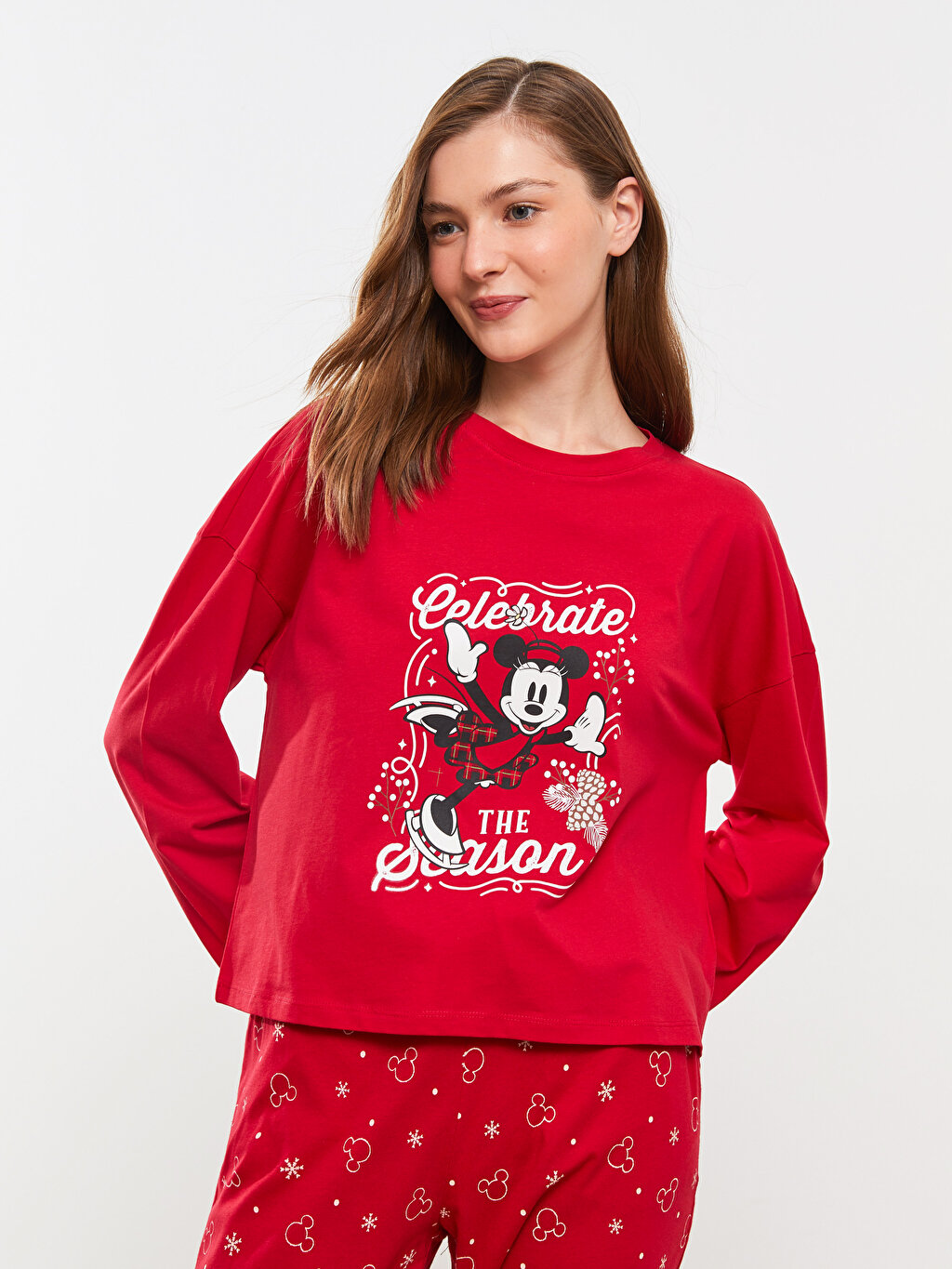 Crew Neck Minnie Mouse Printed Long Sleeve Women's Pajamas Set ...