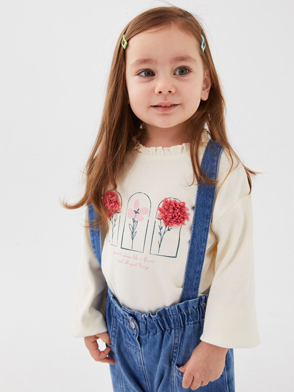 Ecru High Collar Long Sleeve Printed Baby Girl TShirt S34470Z1FES