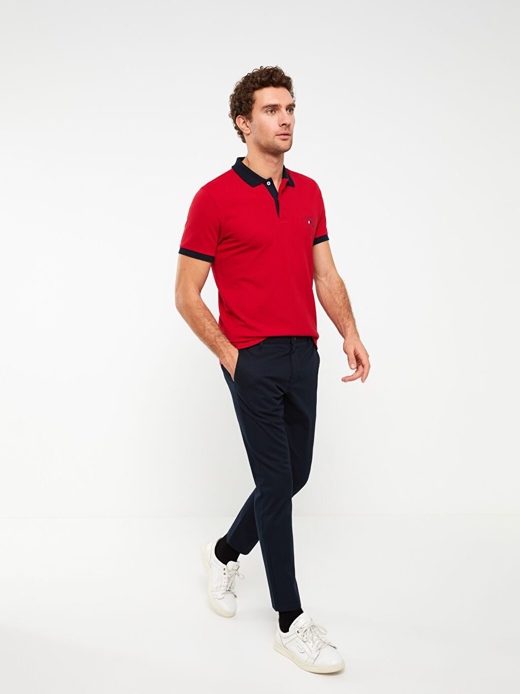 red polo shirt outfit for men