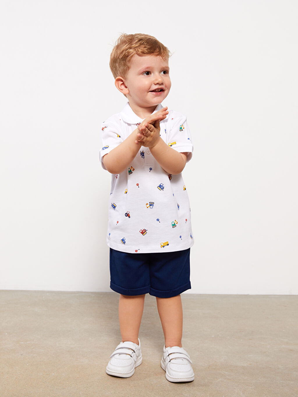 Polo Neck Short Sleeve Patterned Baby Boy TShirt and Shorts 2Piece