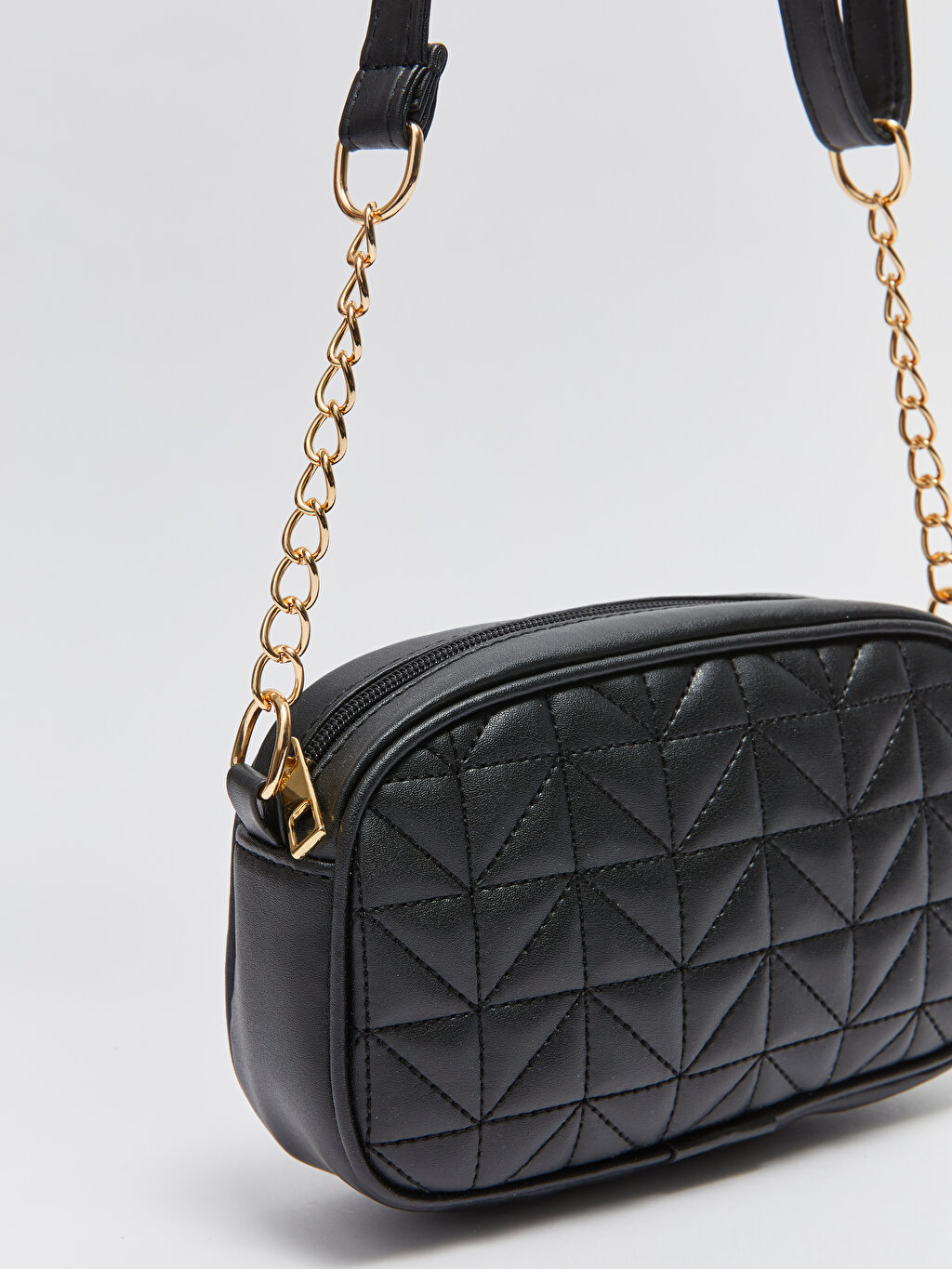 Black Leather-Look Quilted Chain Strap Cross Body Bag