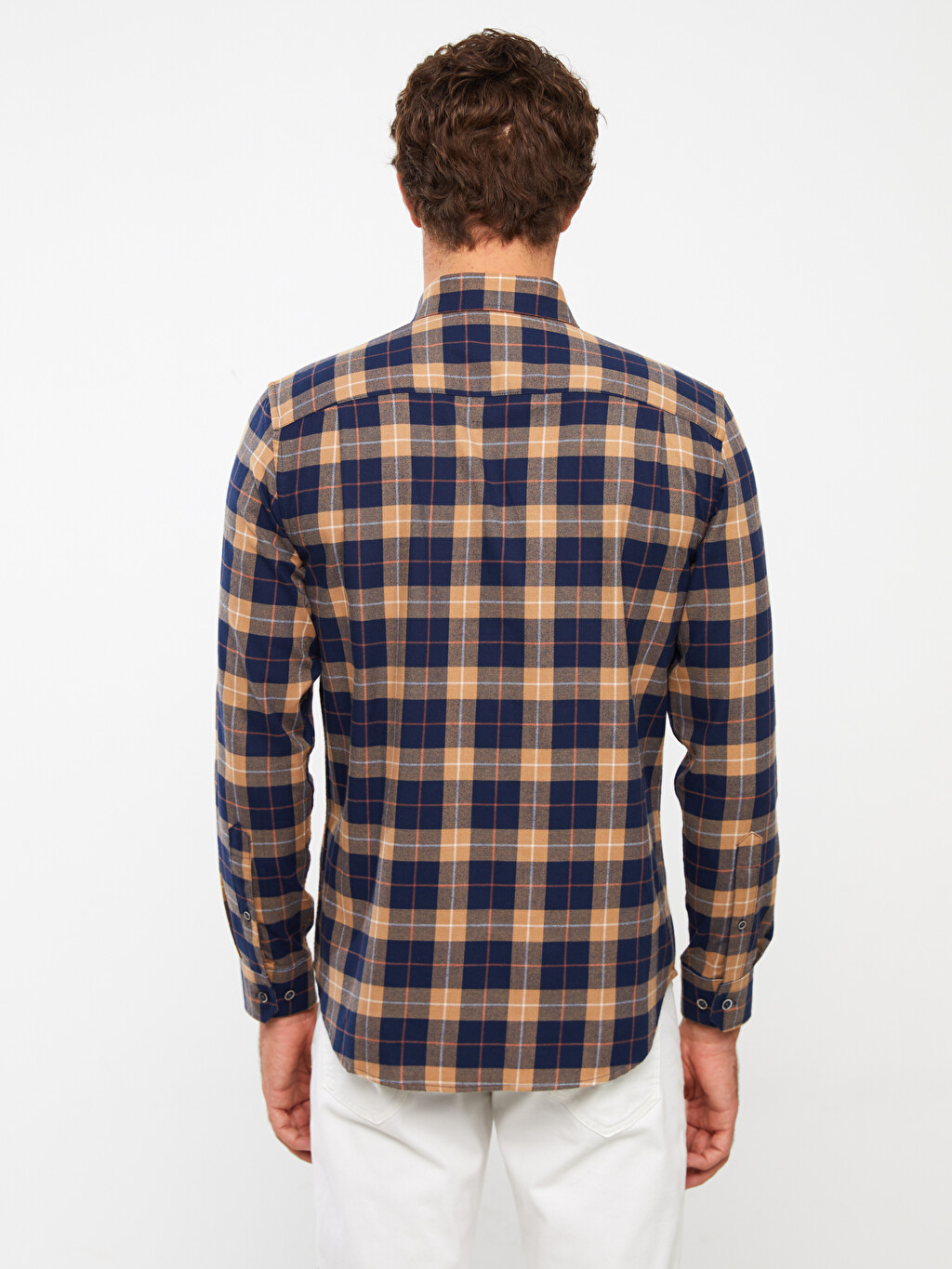 Essentials Men's Regular-Fit Long-Sleeve Poplin Shirt - Blue/Orange Buffalo Check, Small