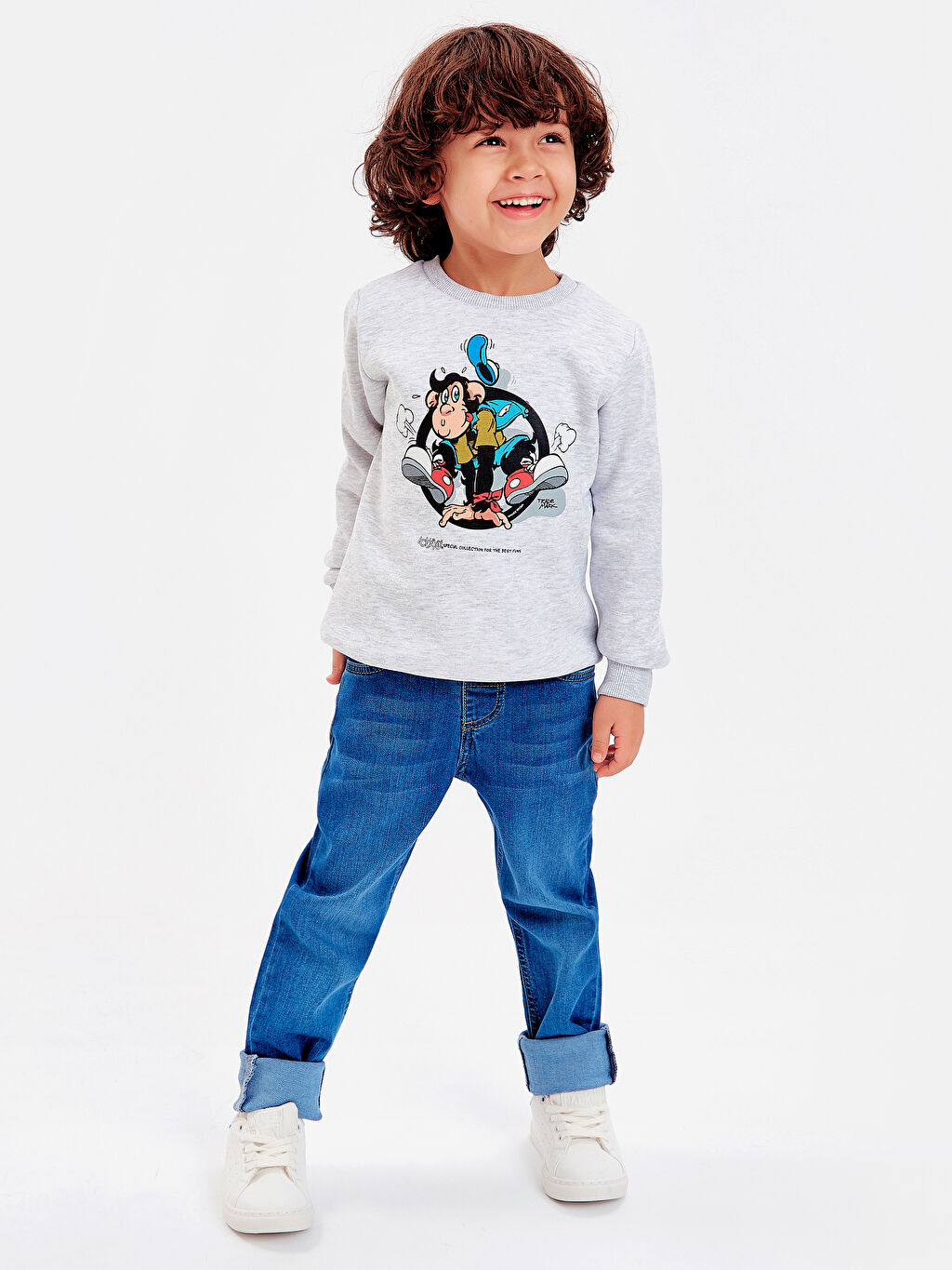 Gri Erkek Çocuk Nostaljik Maymun Baskılı Sweatshirt Baba