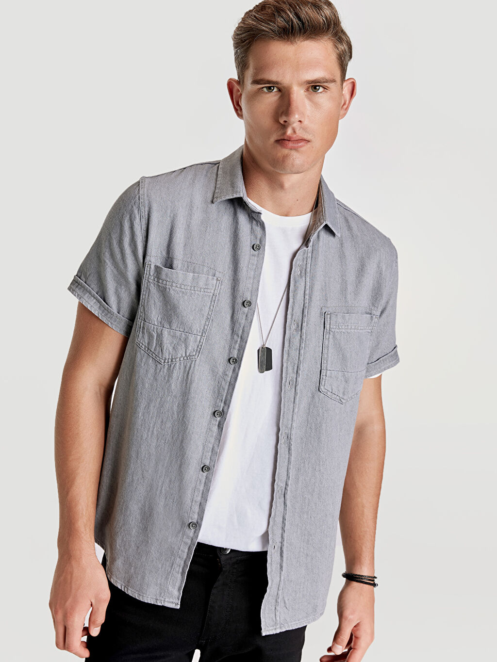 Gri Slim Fit Kisa Kollu Jean Gomlek Lc Waikiki