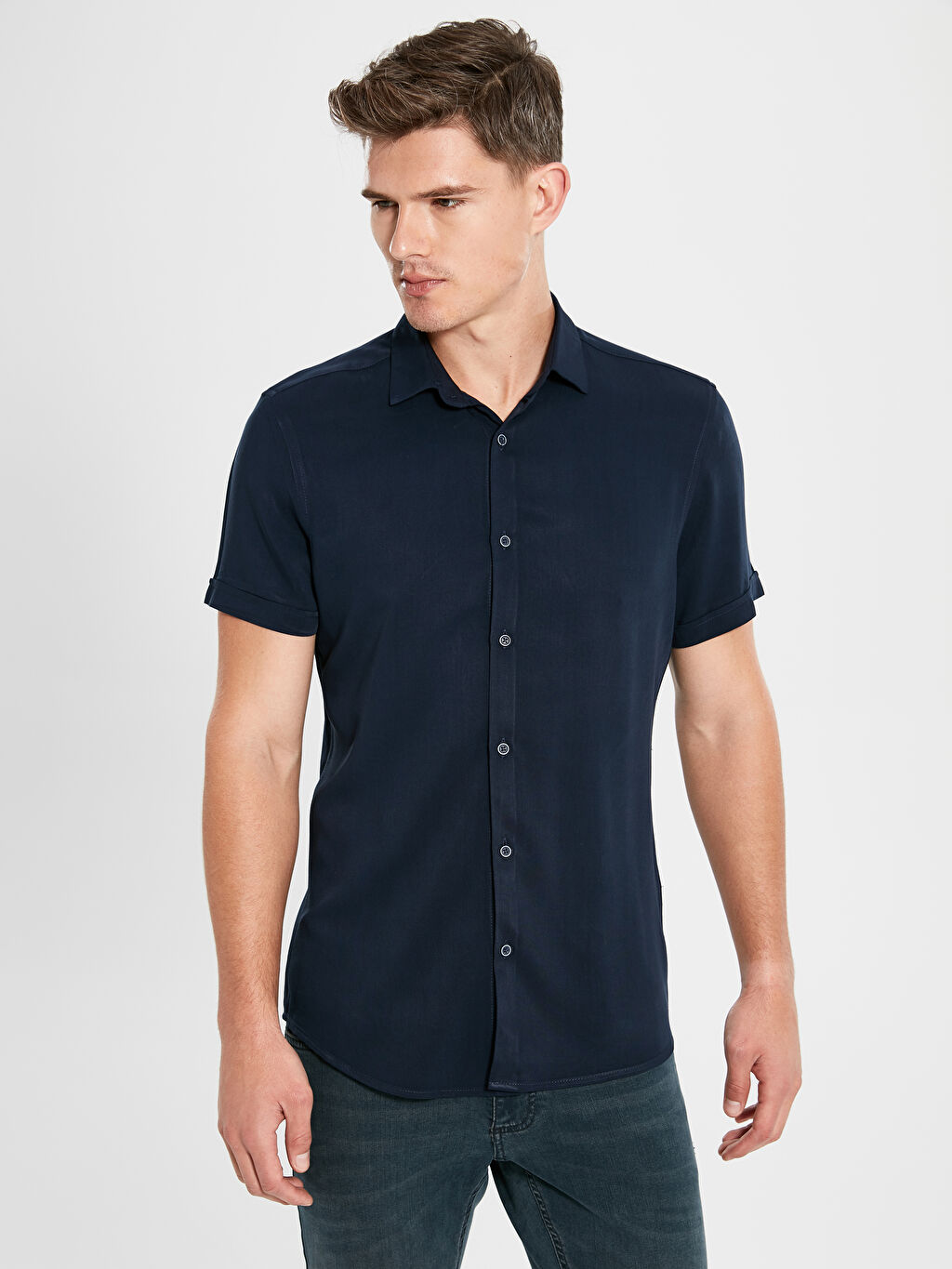 Lacivert Slim Fit Kisa Kollu Poplin Gomlek Lc Waikiki
