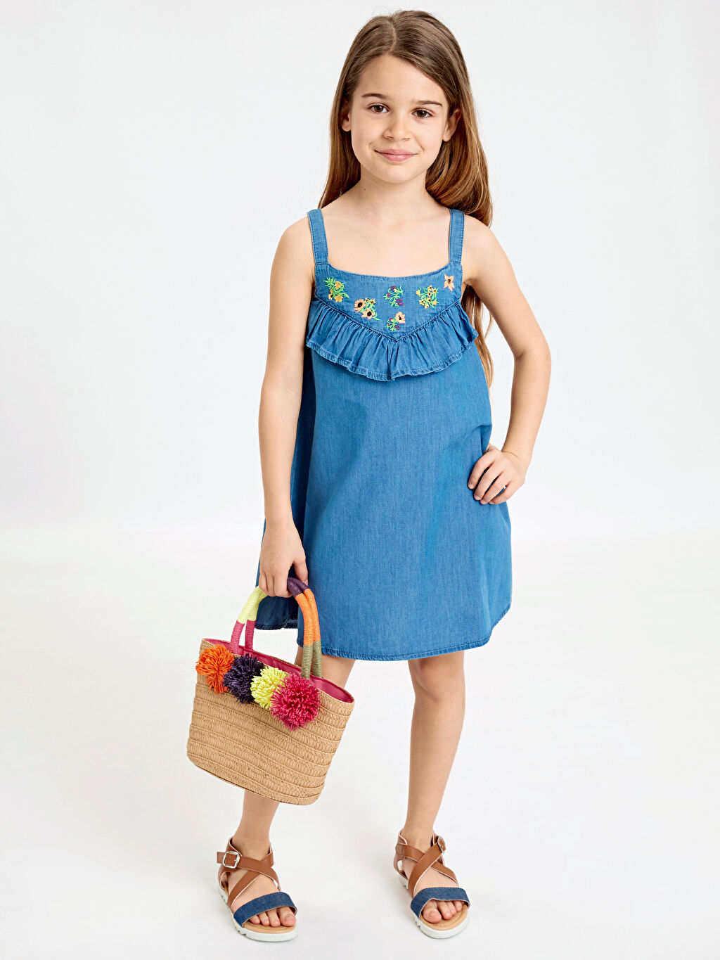 İndigo Kız Çocuk Fırfır ve Nakışlı Jean Elbise LC Waikiki