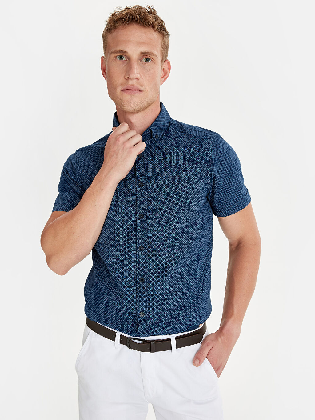 Lacivert Slim Fit Desenli Kisa Kollu Poplin Gomlek Lc Waikiki