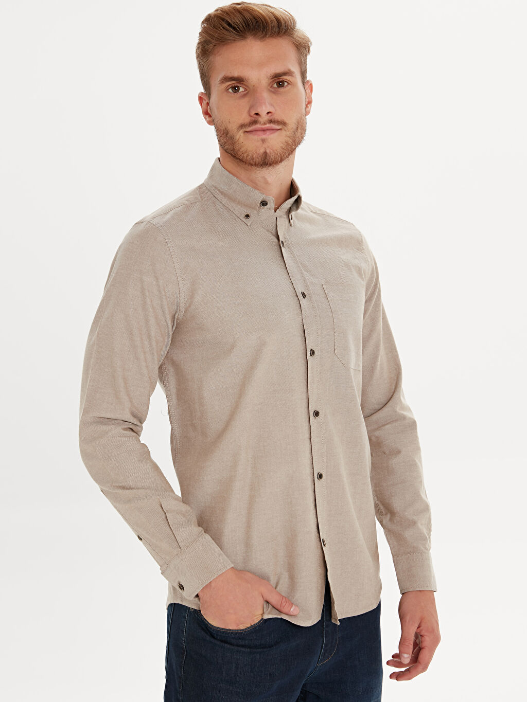 kahverengi regular fit uzun kollu oxford gomlek lc waikiki