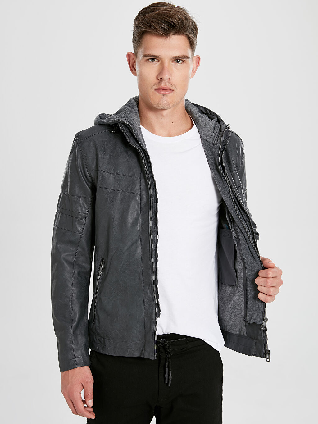Antrasit Slim Fit Kapusonlu Deri Gorunumlu Mont Lc Waikiki