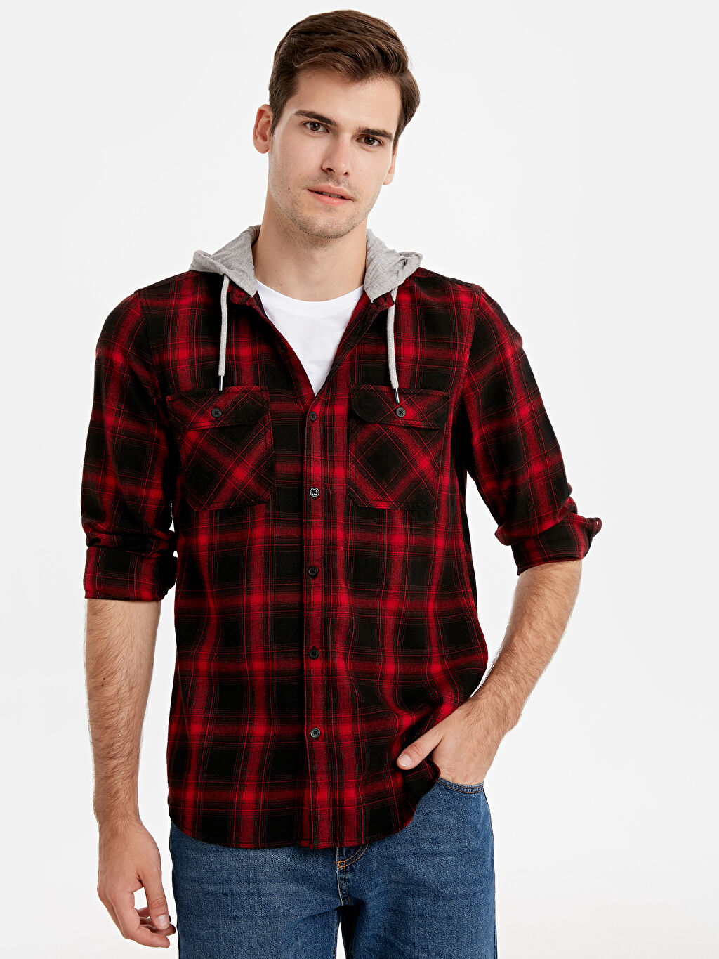 Kirmizi Slim Fit Kapusonlu Uzun Kollu Flanel Gomlek Lc Waikiki