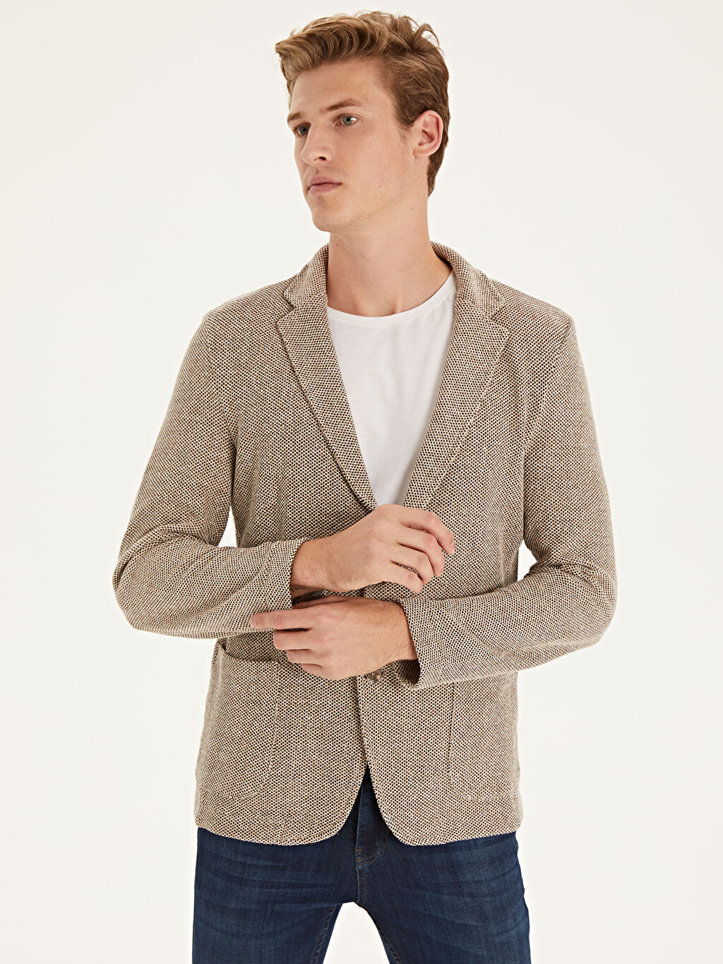 Bej Slim Fit Ceket Yaka Ince Triko Hirka Lc Waikiki