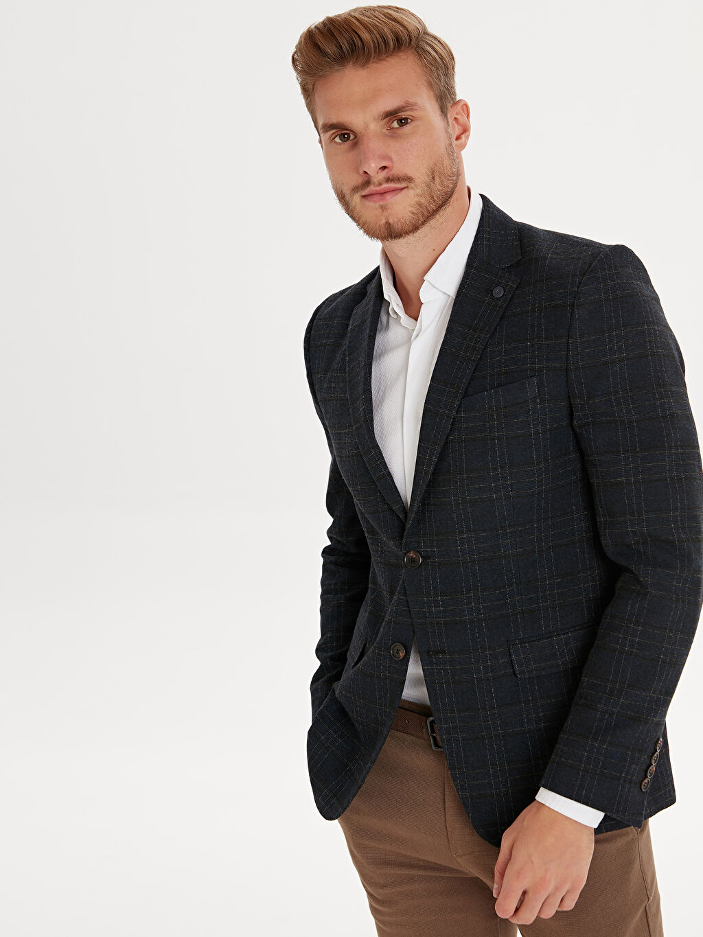 Lacivert Standart Kalip Ekose Blazer Ceket Lc Waikiki