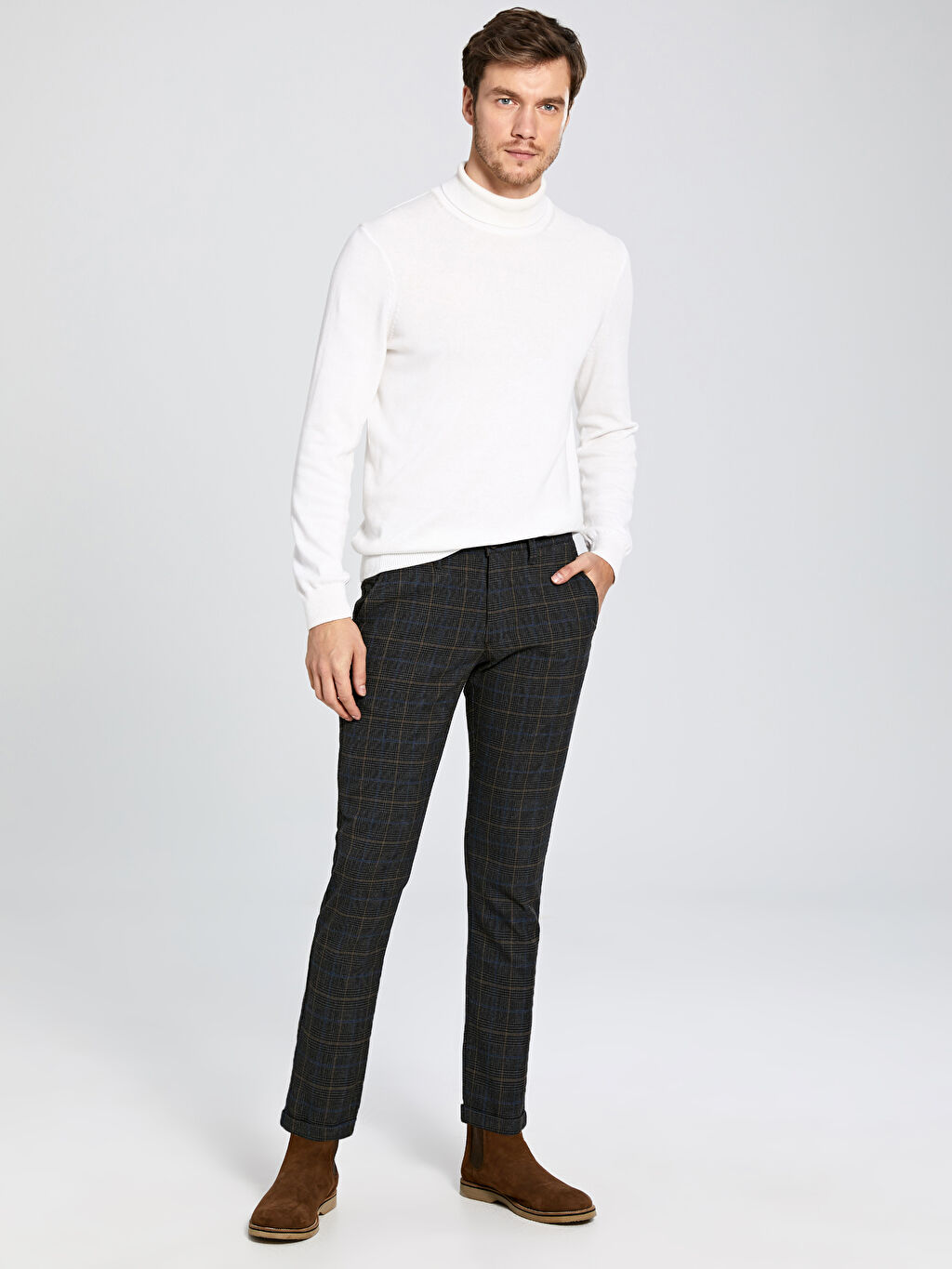 Kahverengi Slim Fit Ekose Poliviskon Bilek Boy Pantolon Lc Waikiki