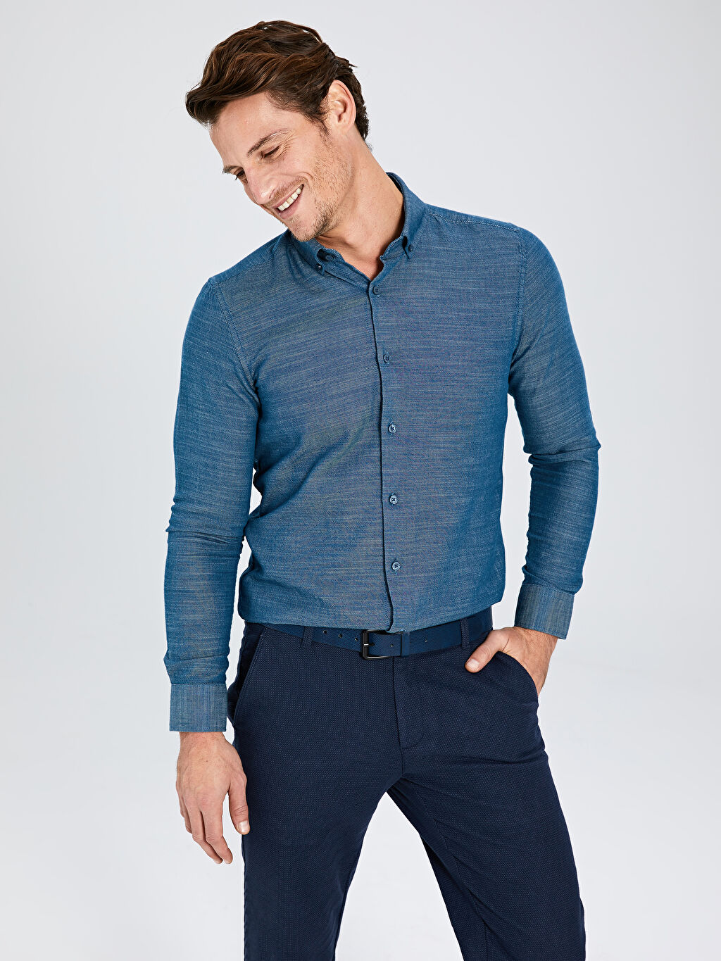 Petrol Slim Fit Uzun Kollu Gabardin Gomlek Lc Waikiki