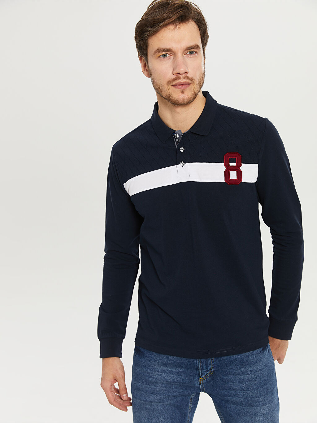 Lacivert Polo Yaka Seritli Uzun Kollu Tisort Lc Waikiki