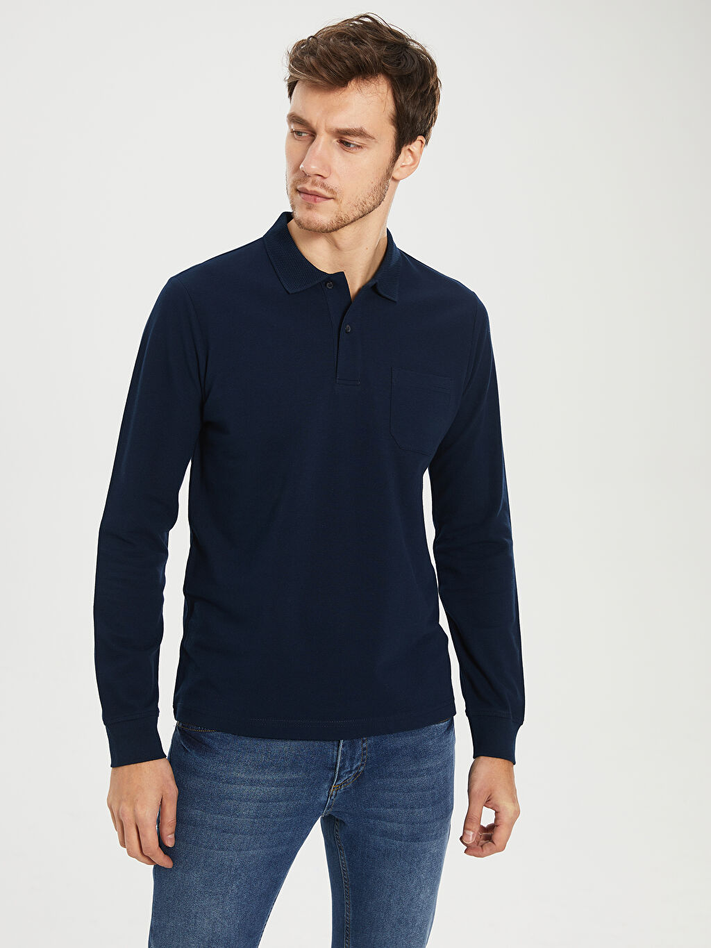Lacivert Polo Yaka Uzun Kollu Tisort Lc Waikiki