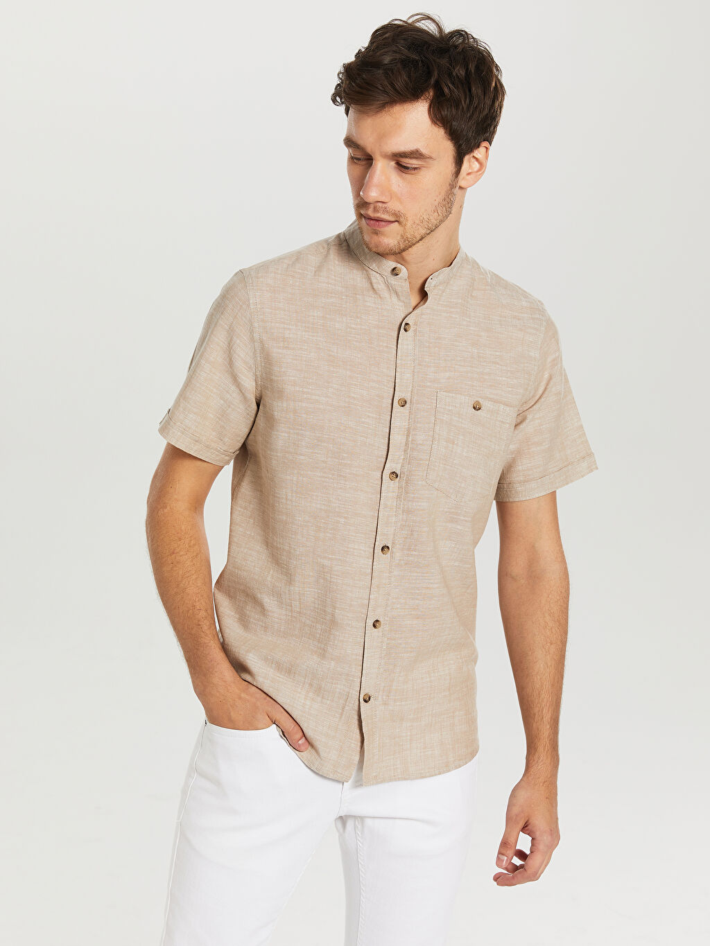 Bej Regular Fit Kisa Kollu Keten Gomlek Lc Waikiki