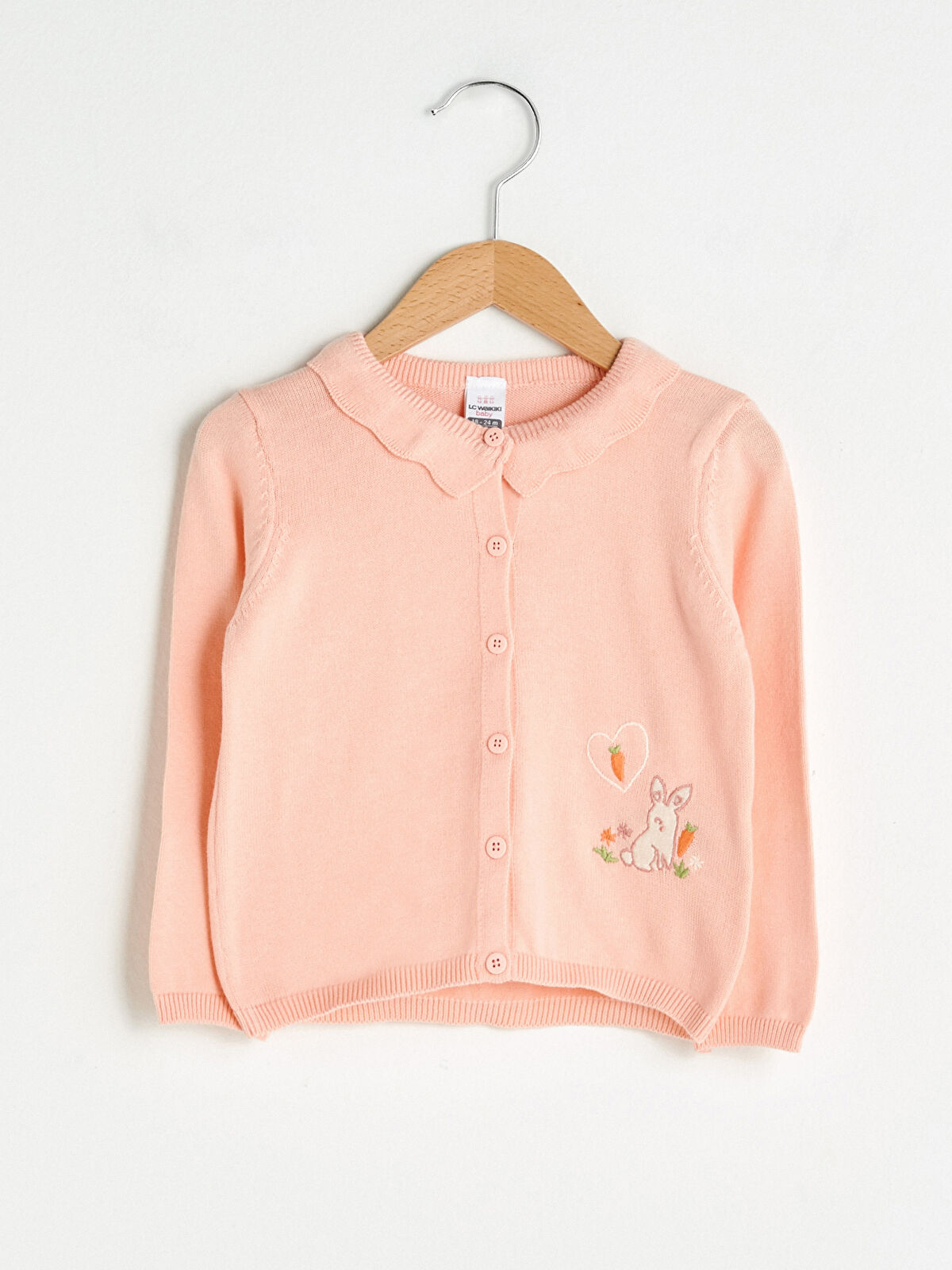 Pembe Bebe Yaka Uzun Kollu Nakışlı Kız Bebek Triko Hırka