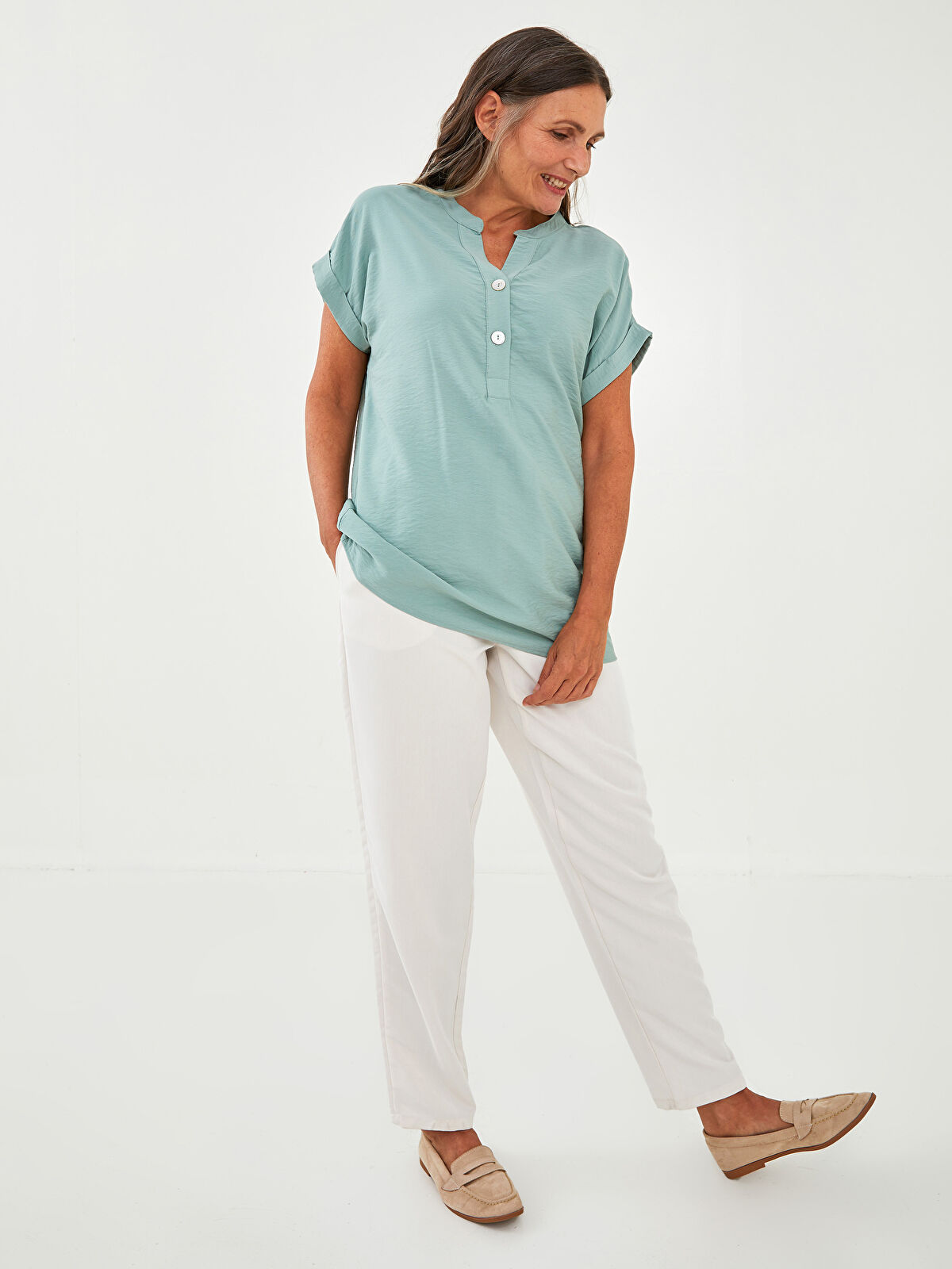 Henley Neckline Straight Short Sleeve Women Blouse S1M751Z8RQ2