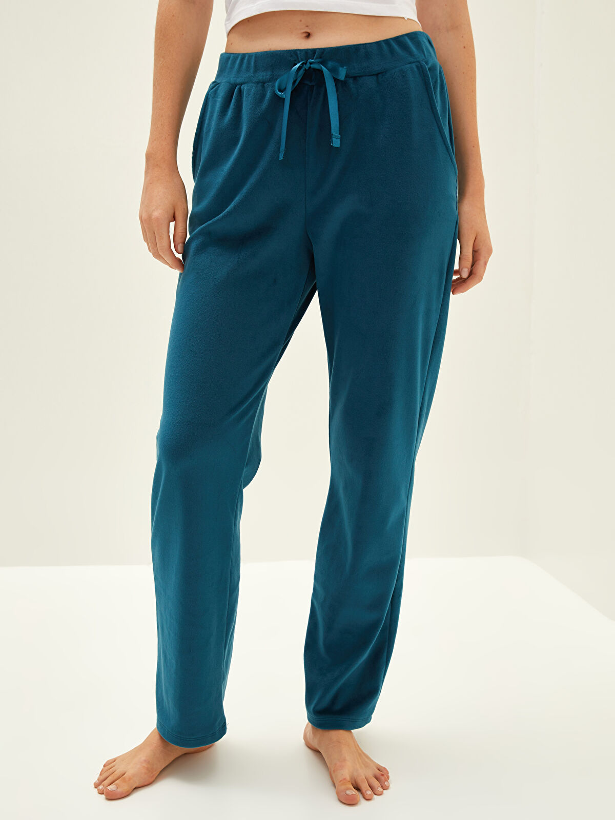 Elastic Waist Regular Pocket Detailed Velvet Women's Pajama Bottoms