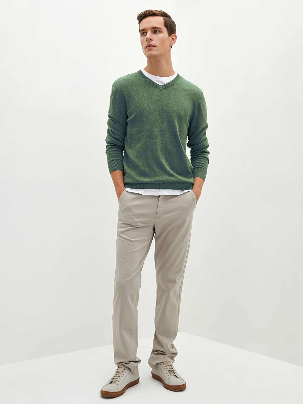 V Neck Long Sleeve Basic Thin Men's Tricot Sweater -W11447Z8-DCM -  W11447Z8-DCM - LC Waikiki