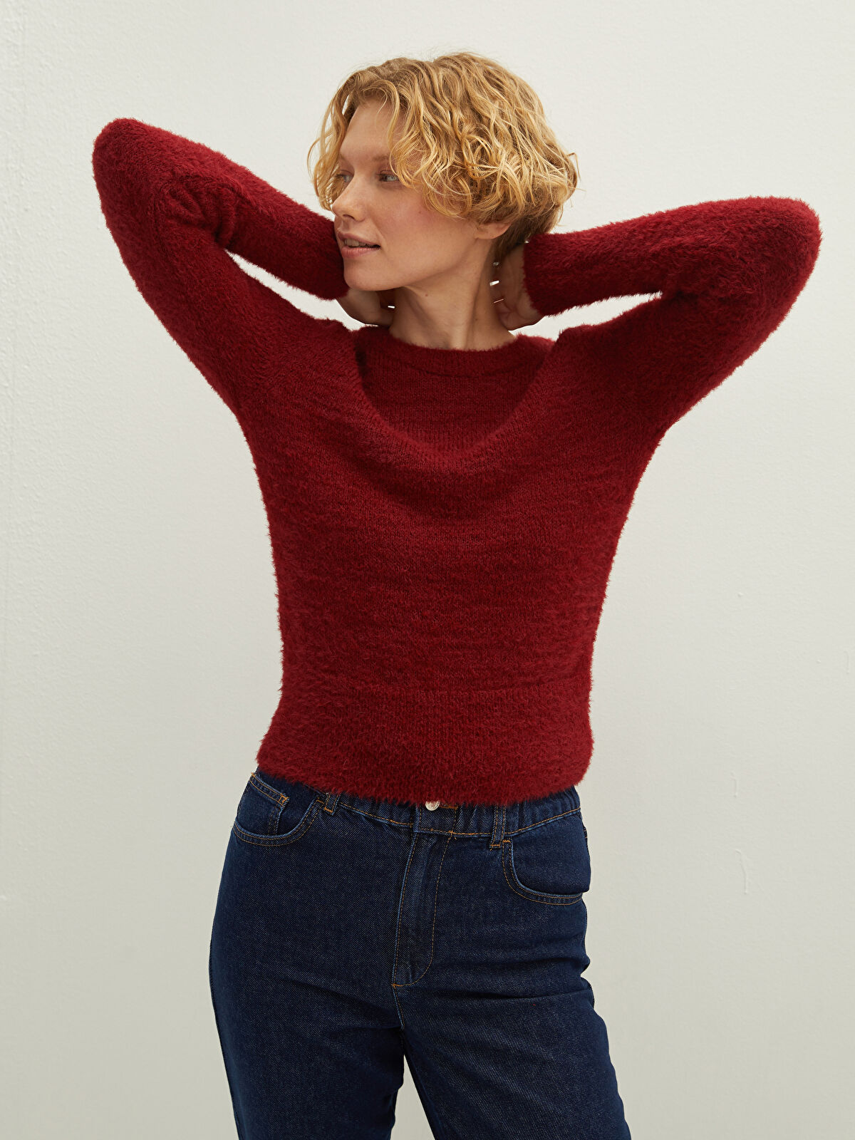 Bordo LCW CASUAL Bisiklet Yaka Düz Uzun Kollu Kadın Triko