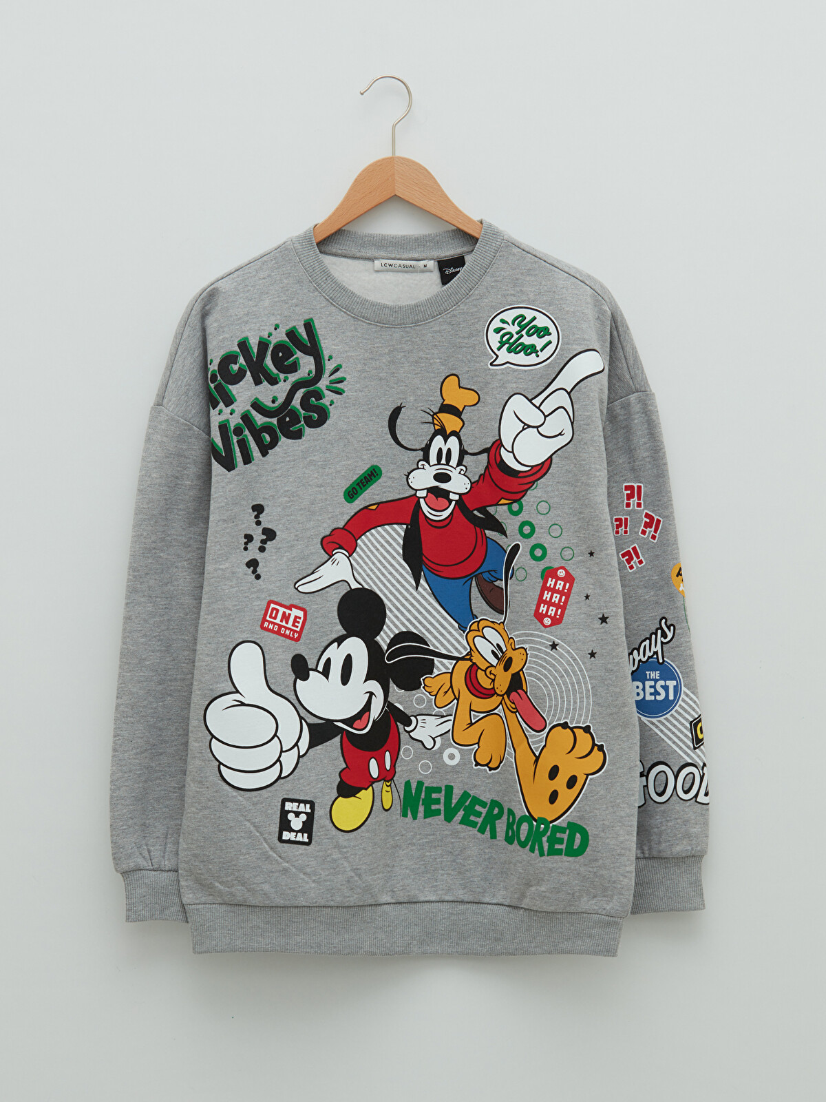 Gri Bisiklet Yaka Mickey Mouse Baskılı 