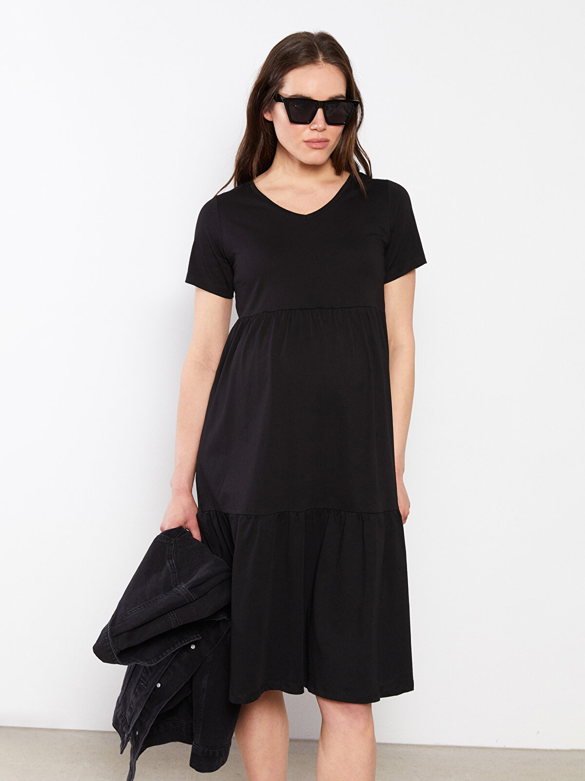 V-Neck Straight Short Sleeve Cotton Maternity Dress -S2FS71Z8-CVL 