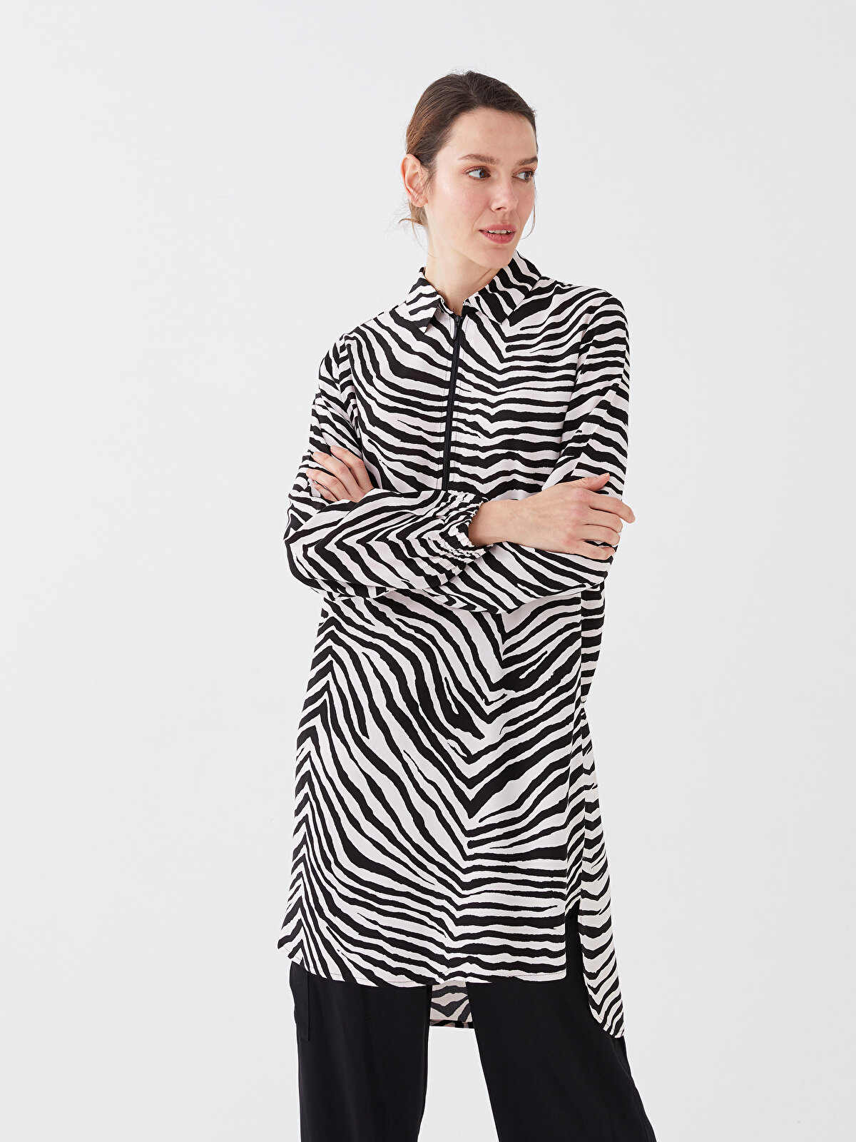 Long Sleeve Women's Tunic With Shirt Collar Pattern -S35386Z8 