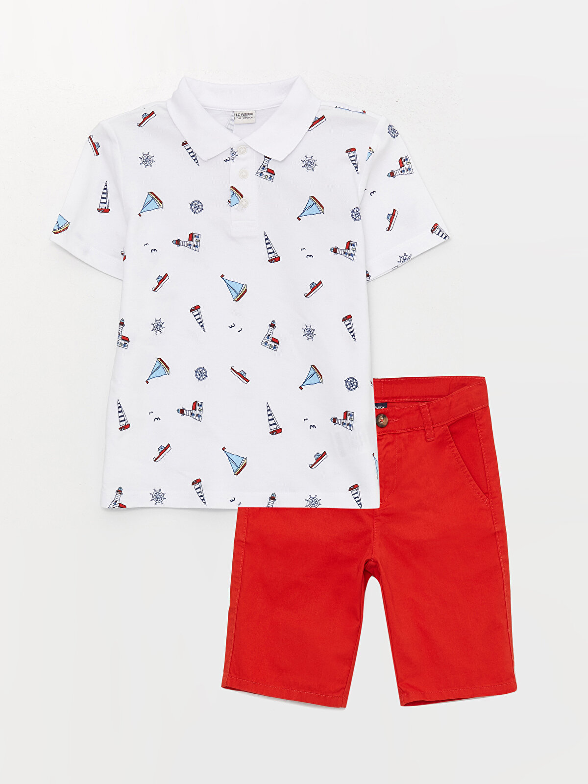Red Bermuda Shorts with White Polo Shirt