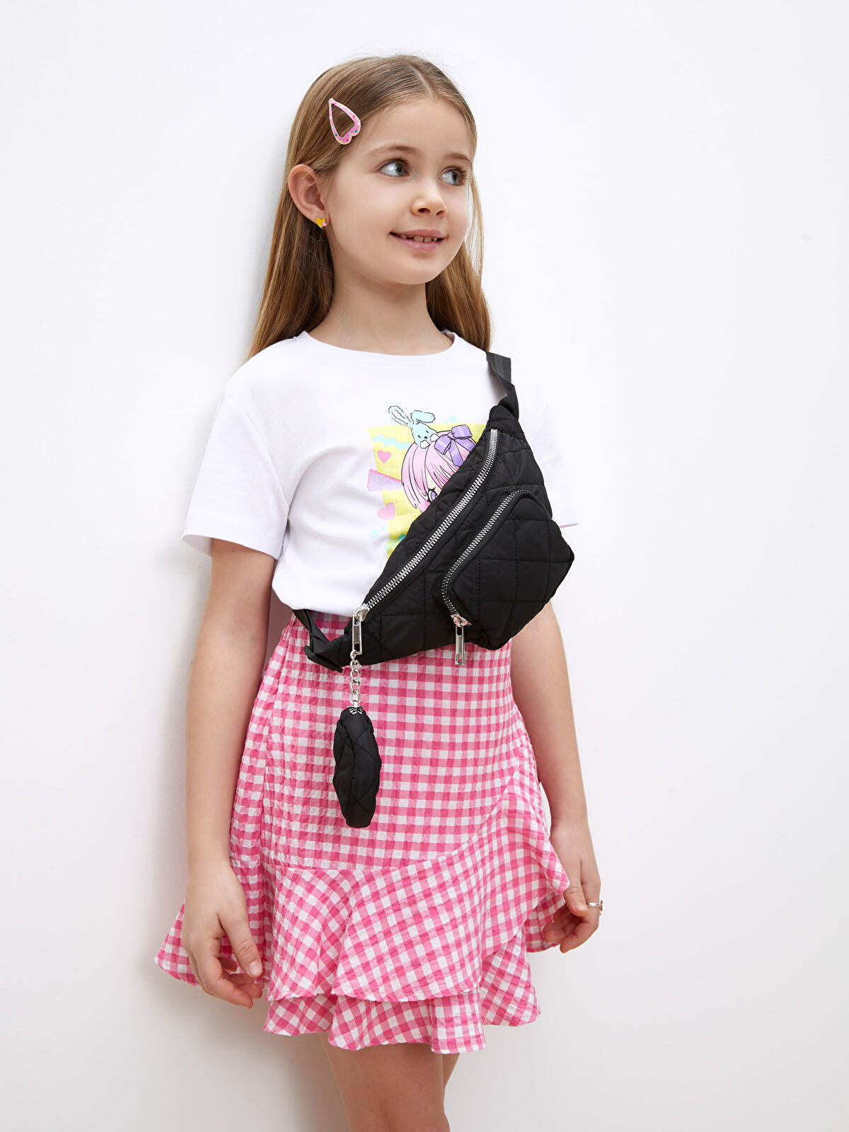 Girls Pink Checkered Belt Bag