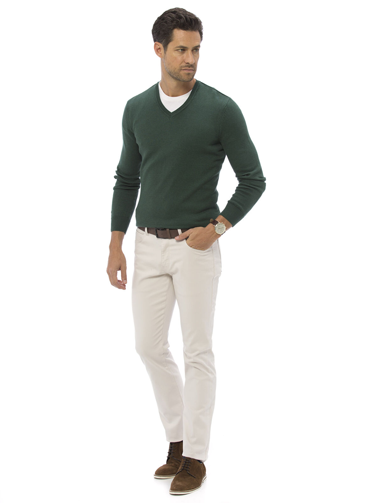 green sweater khaki pants