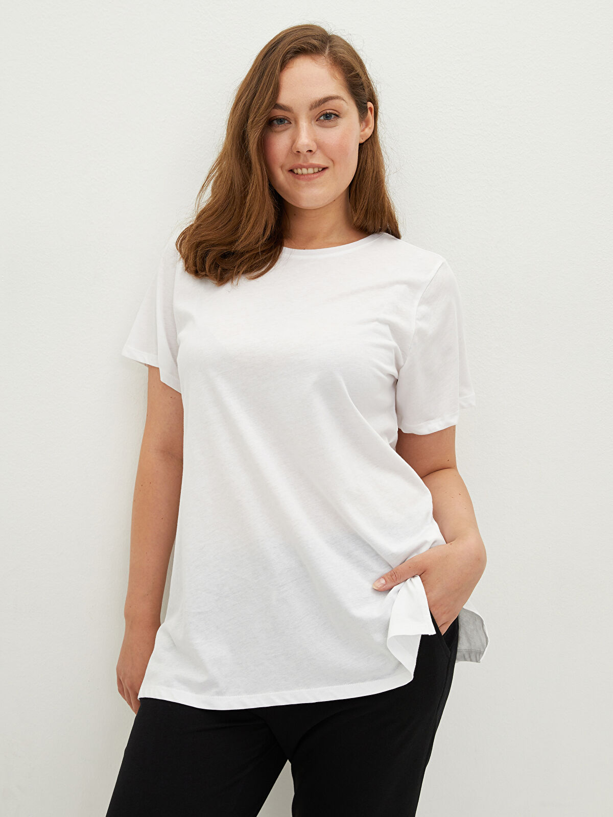 新着 Short Straight Neck Crew Size Plus Sleeve T-Shirt Women's その他