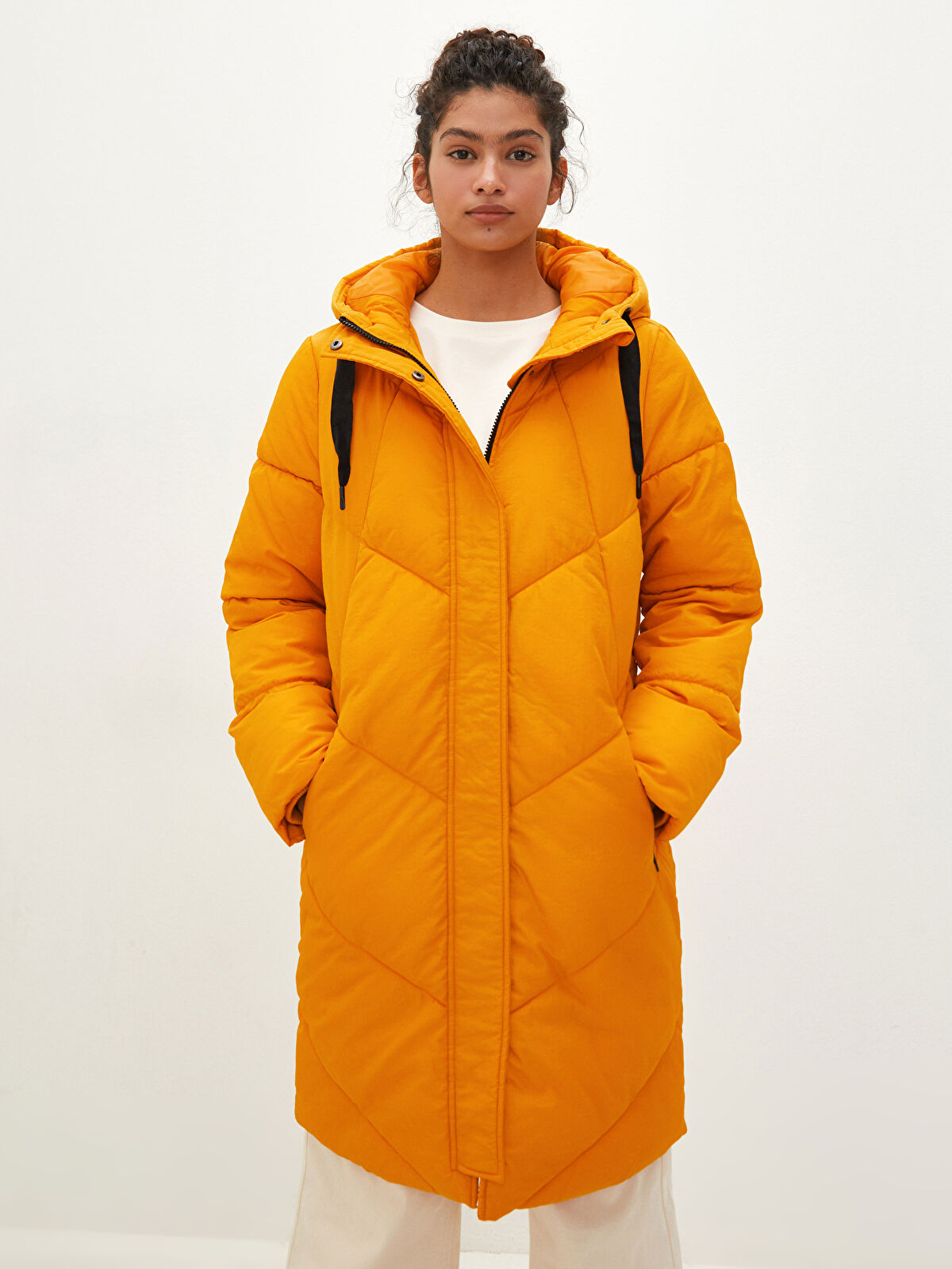 Ochre long padded coat discount
