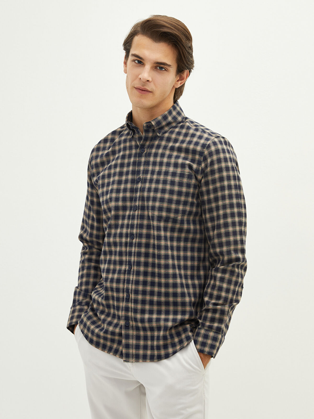 Regular Fit Long Sleeve Plaid Men's Shirt -W12995Z8-LMU - W12995Z8 