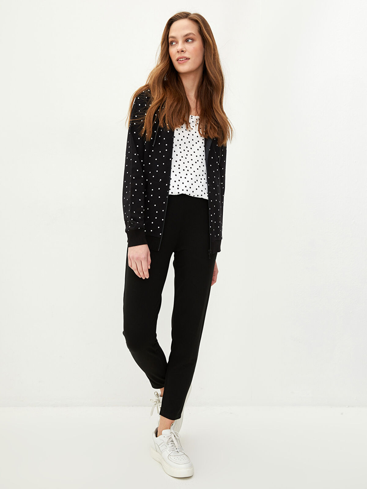 Hooded Polka Dot Long Sleeve Cotton Women's Sports Cardigan 