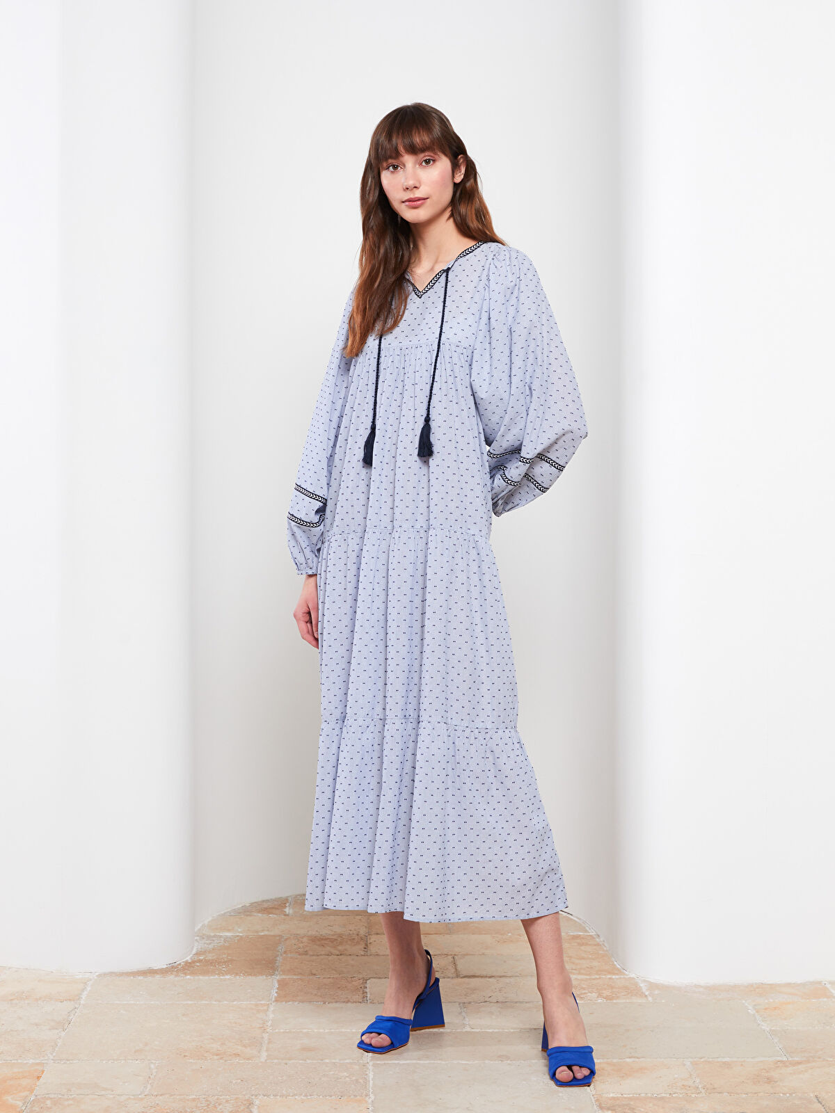 Tie Collar Patterned Long Sleeve A-Line Poplin Women's Dress