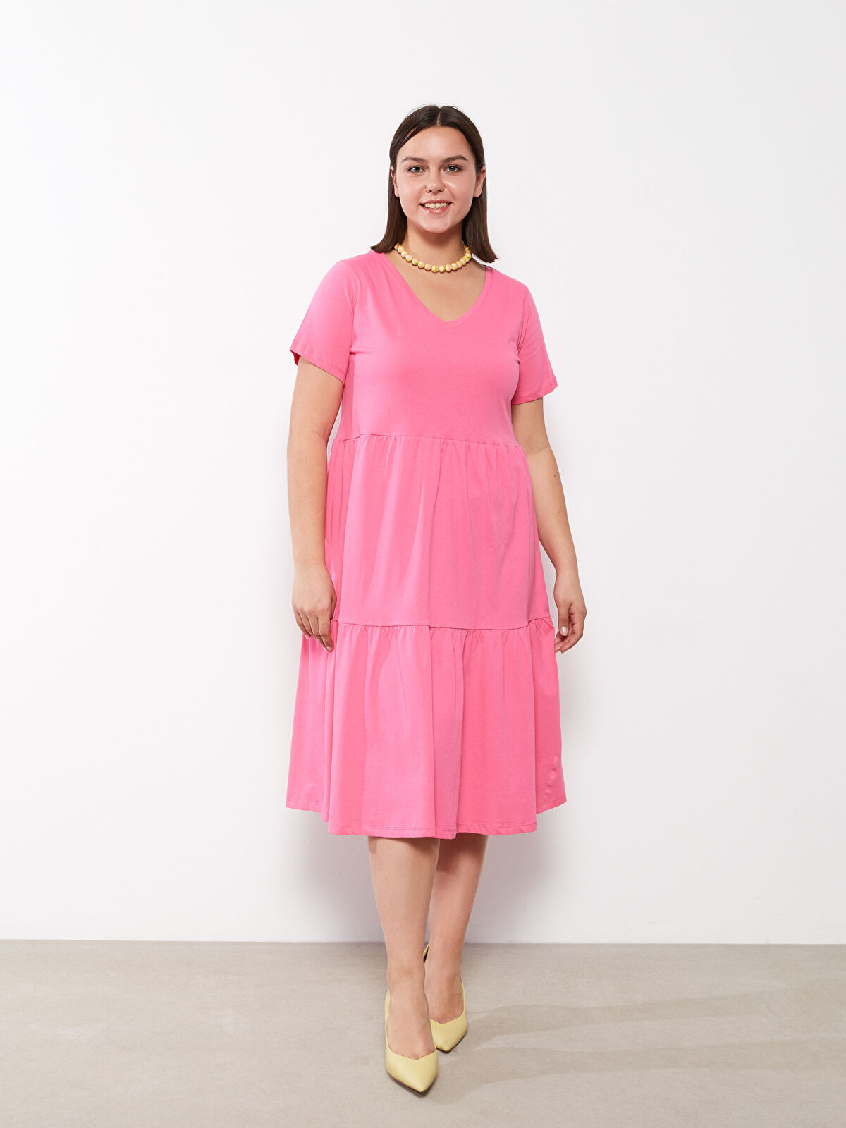 Plus Size V-Neck Straight Short Sleeve Cotton Women's Dress