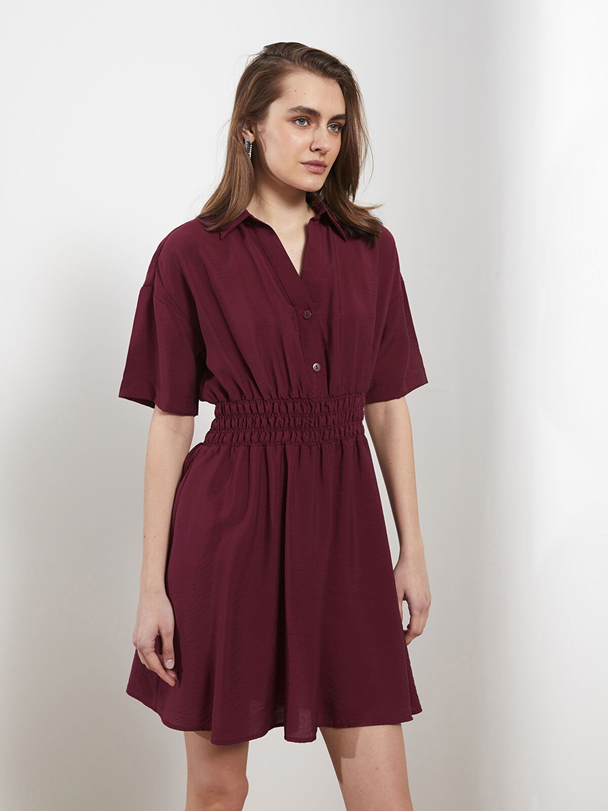 Collared Neck Plain Short Sleeve Women's Dress -S2KQ66Z8-HRW