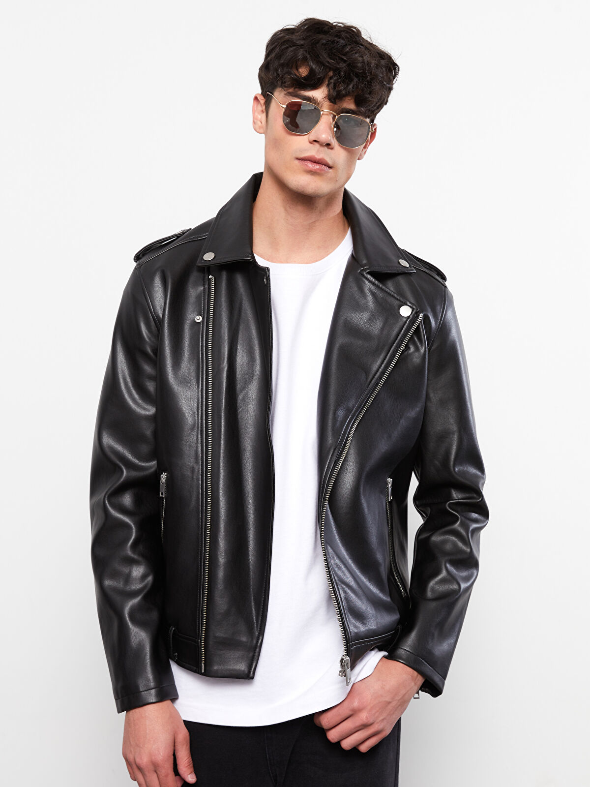 Slim Fit Biker Neck Men's Faux Leather Coat -W21197Z8-CVL