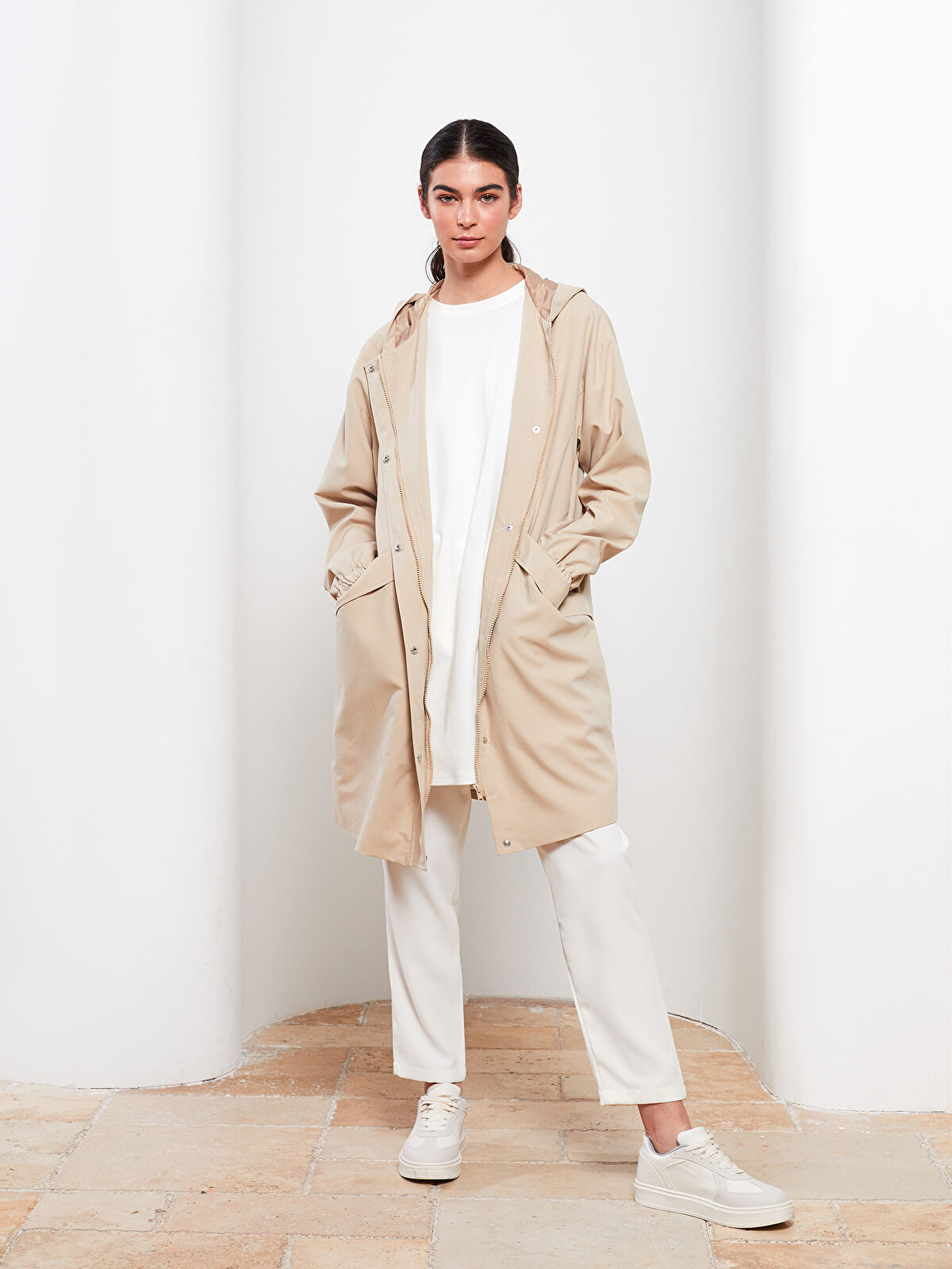 Women's Hooded Plain Coat -W23818Z8-S3X - W23818Z8-S3X - LC
