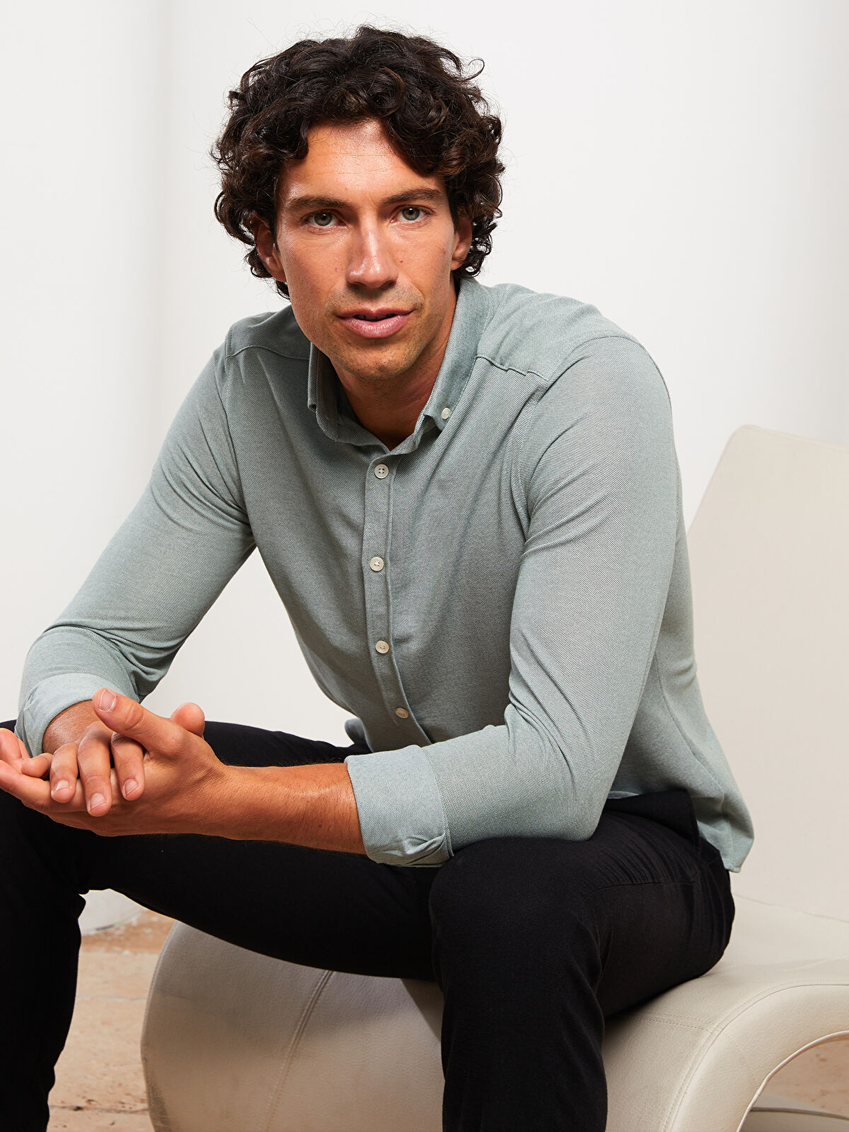 Slim Fit Long Sleeve Knitted Men's Shirt -W26385Z8-S3L Slim Fit Long Sleeve Knitted Men's Shirt -W26385Z8-S3L