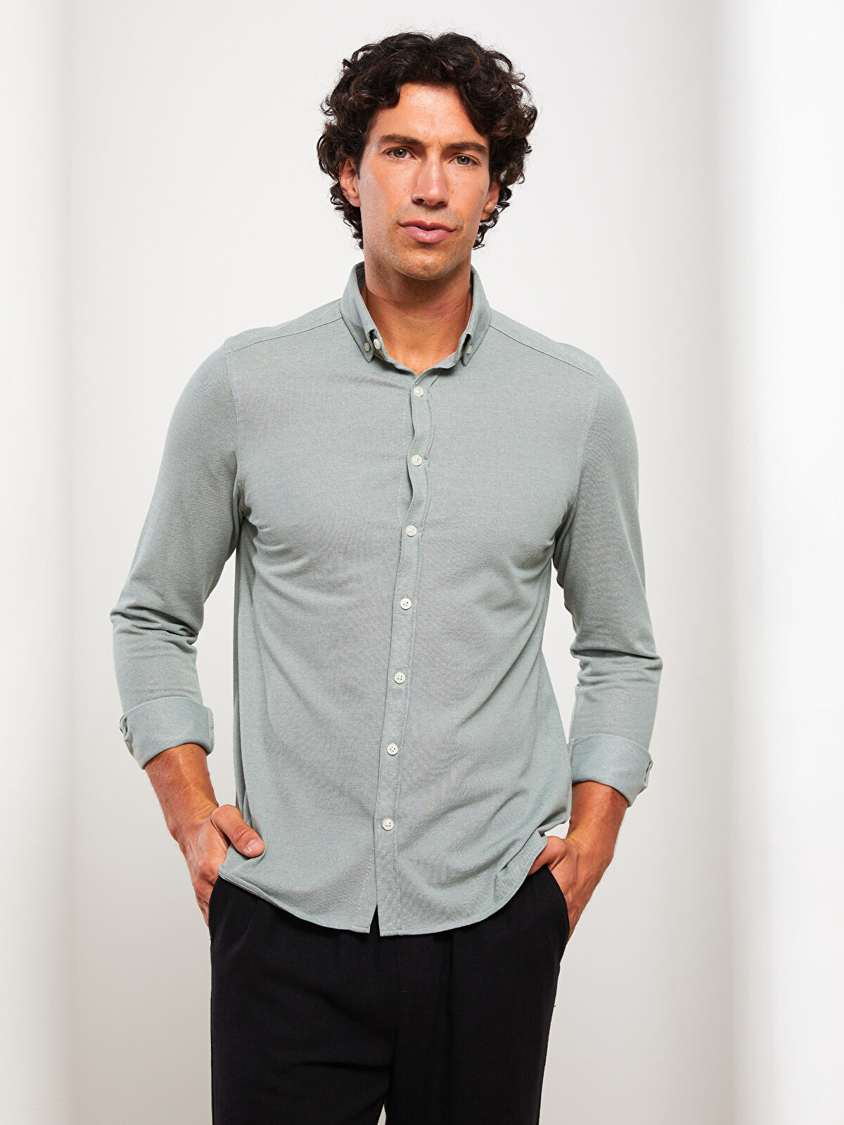 Slim Fit Long Sleeve Knitted Men's Shirt -W26385Z8-S3L Slim Fit Long Sleeve Knitted Men's Shirt -W26385Z8-S3L