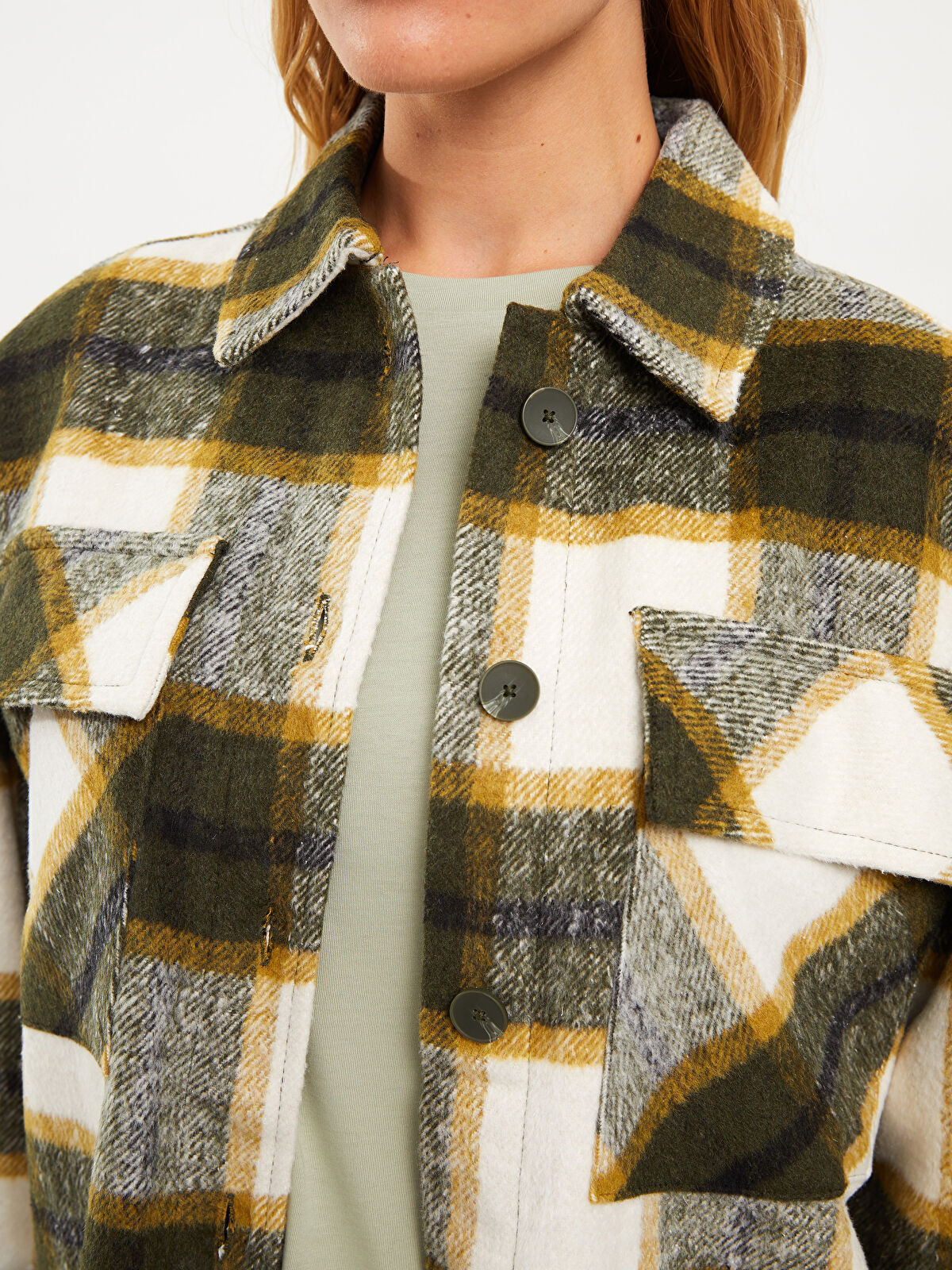 Buttoned Plaid Long Sleeve Gabardine Women's Shirt Jacket
