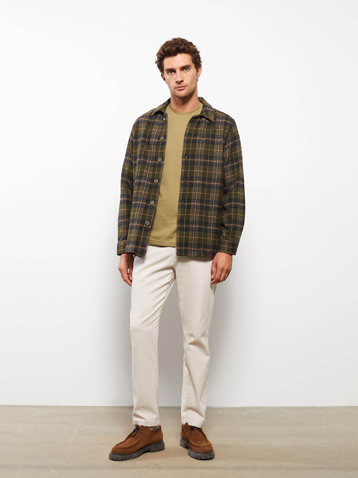 Relaxed Fit Long Sleeve Plaid Gabardine Men's Shirt Jacket