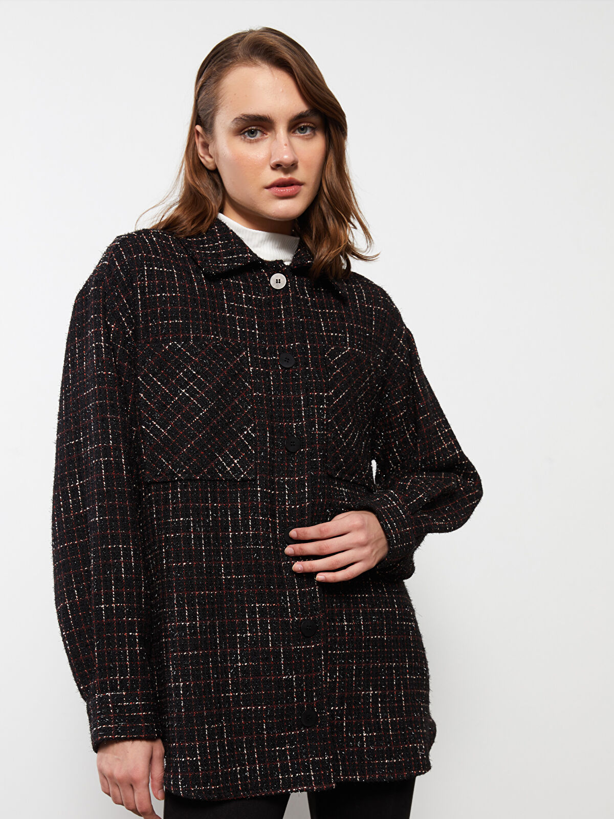 Buttoned Patterned Long Sleeve Tweed Women's Shirt Jacket Buttoned Patterned Long Sleeve Tweed Women's Shirt Jacket