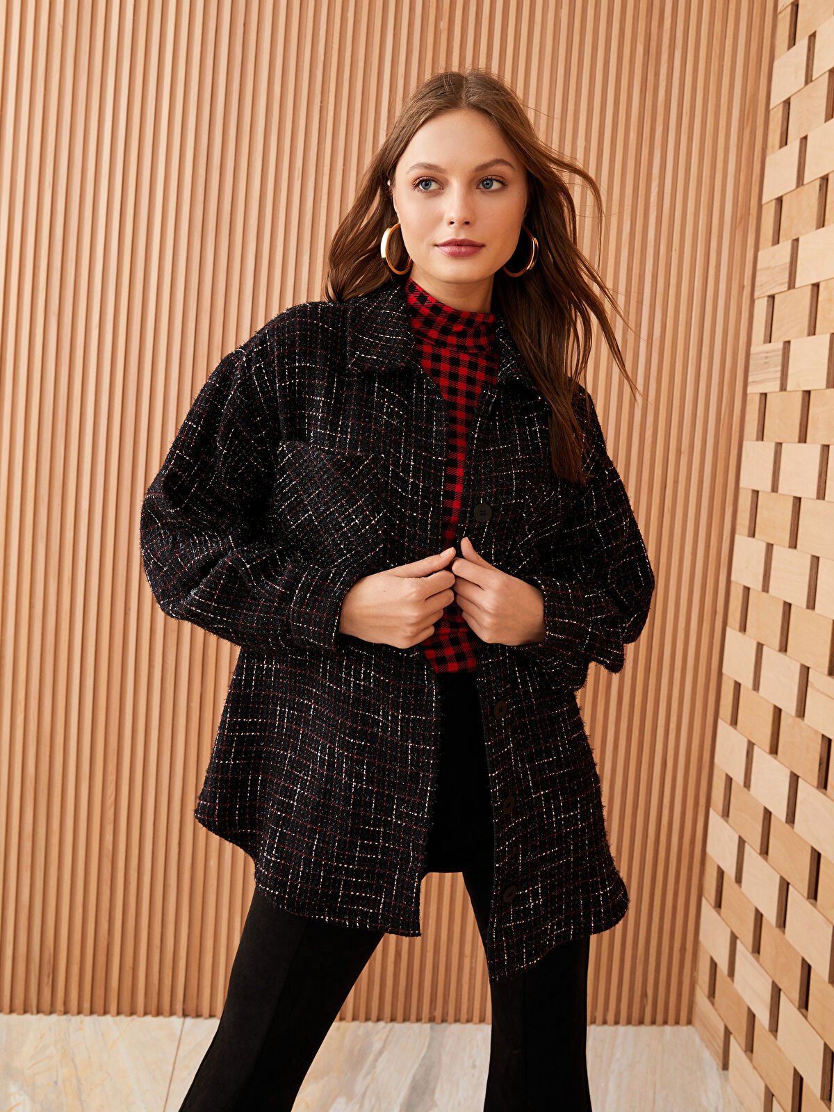 Buttoned Patterned Long Sleeve Tweed Women's Shirt Jacket
